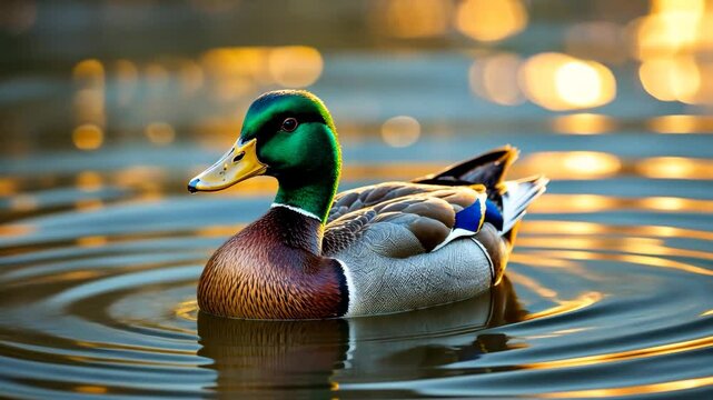 Mallard floats gracefully on shimmering water, golden light reflecting off gentle ripples. Its vibrant plumage contrasts with the glowing surface, evoking serenity, elegance, and natural