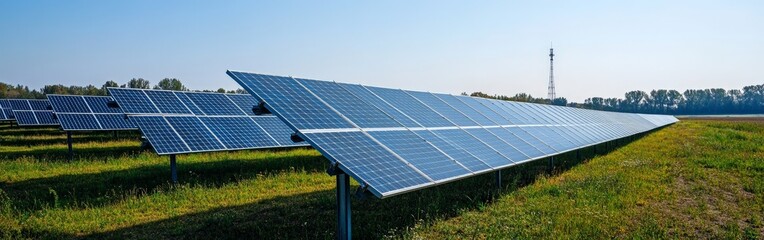 Solar Panels Field Under Clear Sky for Renewable Energy