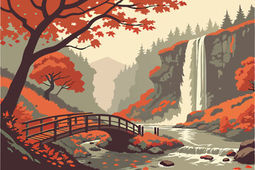 124 Majestic waterfall, autumn forest, vibrant fall colors, red and orange foliage, wooden footbridge, fallen leaves, mist, serene landscape, crisp autumn day, nature photography, ethereal atmosphere,