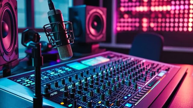 A close-up of an audio mixing board in a recording studio music