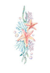 Composition of watercolor starfish, corals and bubbles. Isolated illustration on white background. starfish with coral