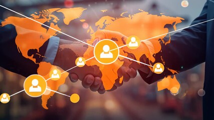 Close-up handshake overlay global map , digital network connections. The conveys sense international collaboration, partnerships, , interconnected business relations digital world. - Powered by Adobe