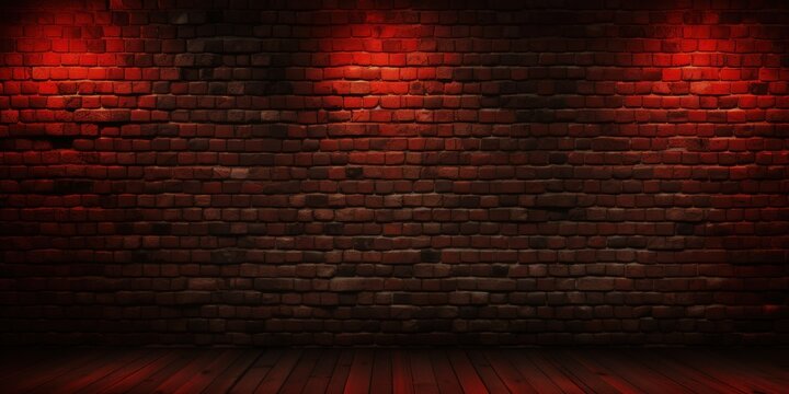 Dark red brick wall background with spotlight, captured in a photorealistic style with ultra-realistic cinematic lighting and high-resolution photography