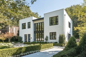 Obraz premium A contemporary white brick home featuring expansive windows, nestled amidst a beautifully landscaped garden and towering trees, all under the warmth of a sunny sky