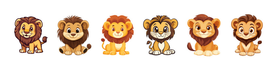 Fototapeta premium Cute Cartoon Lion Characters in Various Styles. Vector illustration of six adorable cartoon lion characters in different styles, each with unique expressions. Perfect for children's content. 