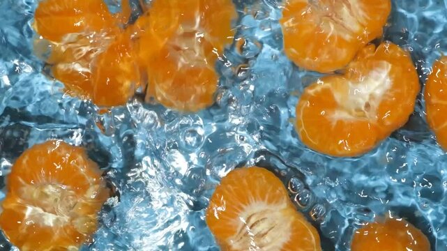 Peeled fresh mandarin halves in water, splash water, top view, slow motion