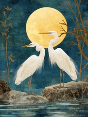 Egrets Under the Moon By Generated AI