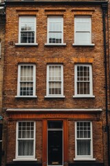 Fototapeta premium Classic brick townhouse with six windows and detailed architectural features located in an urban setting, showcasing timeless design and charm during daylight hours