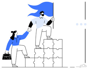 Figures collaborating to climb puzzle-piece stairs, man holding flag representing achievement. Ideal for teamwork, leadership, success, partnership, collaboration, motivation, goal-setting flat