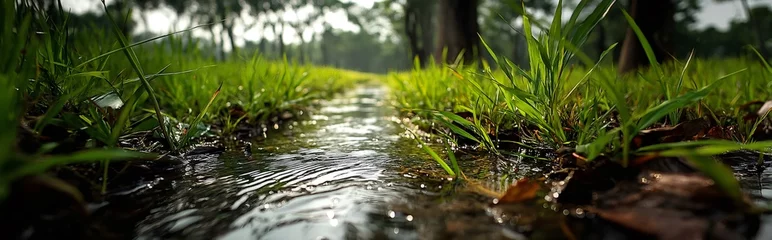 Gordijnen Small stream flowing through green grass in a forest © Echt&KIreativ