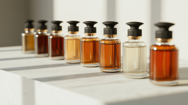 Mockup of luxurious perfume bottles arranged in stylish display, showcasing elegance