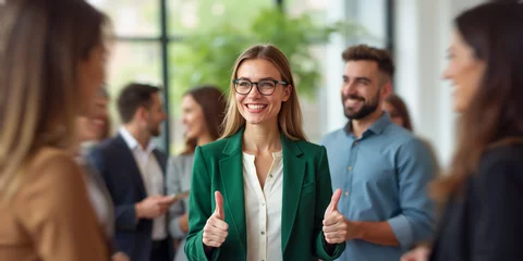 Good young woman thumbs up Happy smiling people engaged. Team work well goals, modern office project growth Excited ideas. Career success event. Bright show space indoors, seminar group meeting attire © raisondtre