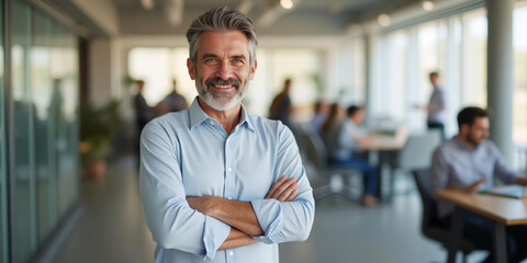 Middle aged man, mature chief urban office Ceo mid age, Smiling older male leader, expert role global team Modern indoor sale job. Happy work idea. Career view concept life. 50 year old boss head shot