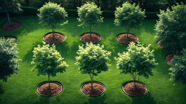 an alley of trees or a group of windbreaks. view from the top. aerial view of newly planted trees in flower beds on a green lawn_g_1_1_1.png