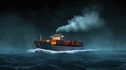 Fototapeta premium Container ship navigating through turbulent waters at night