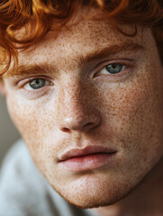 Obraz premium Close-up portrait of a red-haired man with intense blue eyes and prominent freckles. A natural, striking image full of character—ideal for themes like authenticity, masculinity, beauty, and diversity.