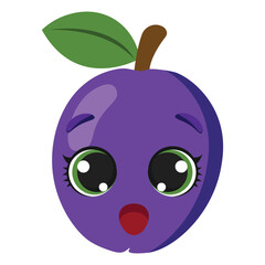 Surprised purple plum with big eyes and a green leaf, perfect for food designs, kids products, emotions, and fun visual storytelling