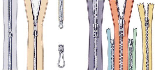 Vsai zippers closing and opening, showing slider and pull tab variations © frrlbt