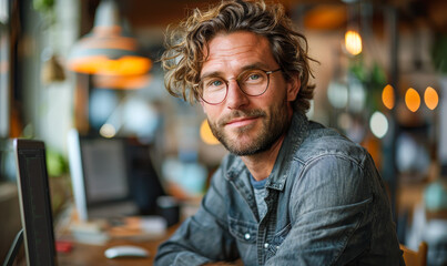 Fototapeta premium Male Programmer Working in Modern Office, Casual Attire, Daylight, Focused on Coding, Creative Work Environment, Tech Professional, Workplace Productivity, Tech Industry, Software Development