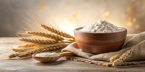Wooden bowl filled with flour, wheat stalks, and spoon on rustic surface