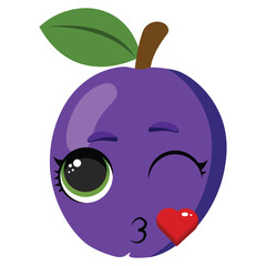 Purple plum with green leaf and expressive wink, perfect for kids products, food packaging, healthy lifestyle graphics and summer design themes
