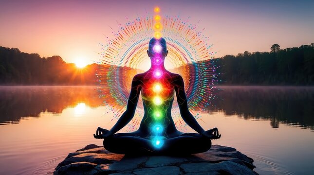 law of attraction visualization vibration manifestation Meditative figure radiating colorful energy by a tranquil lake at sunrise.