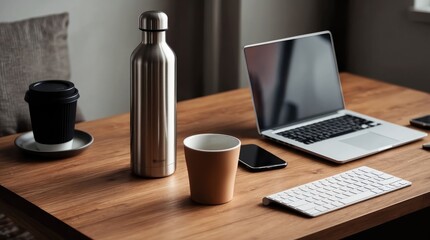 Stainless steel thermos bottle is placed on a wooden desk next to a laptop and a coffee cup, creating a cozy and productive workspace