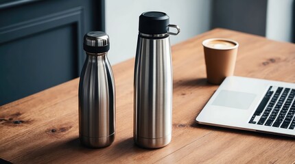 Stainless steel thermos bottle is placed on a wooden desk next to a laptop and a coffee cup, creating a cozy and productive workspace