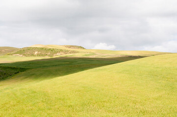 Alta Murgia, panorama del parco con prato , cielo azzurro, nuvole, casolari. Orizzonte delle verdi colline in  Puglia, natura Italia.