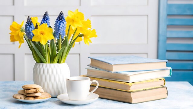 Bouquets of yellow daffodils flowers and grape hyacinth, coffee cup, books, cookies on table. Reading and breakfast. Concept stylish, hygge and cozy home interior