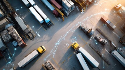 Aerial View of Logistic Distribution Center with Trucks and Containers