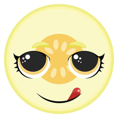 Cute round melon slice with a funny licking expression and big shiny eyes, perfect for kids, summer, food-related designs and stickers
