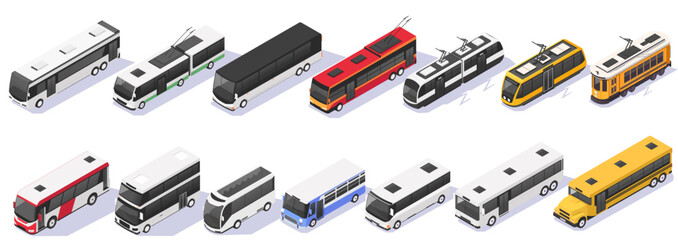 Collection of isometric buses, trams, and trolleybuses in different colors and styles on a white background. Public transportation concept. Vector illustration © GN.STUDIO