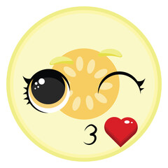 Winking melon slice with heart and kiss symbol, ideal for romantic food designs, kids products, and fun summer-themed collections
