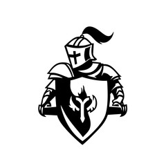 Medieval Knight Logo with Sword and Shield – Black and White Warrior Illustration