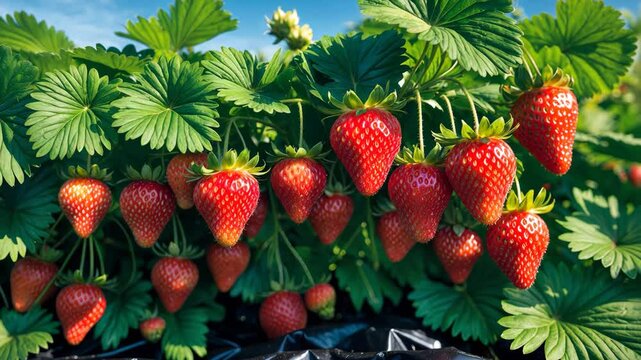 Red strawberries, close up image of red strawberries hanging from plant. Harvesting of fresh ripe big bush organic fruits in own garden. Gardening agriculture concept photo._g_1_3_1.png