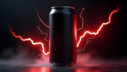  Sleek cold energy drink can pulsing with red energy