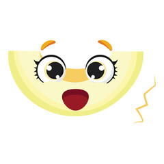 Happy melon slice with wide eyes and joyful face, perfect for childrens materials, food designs, packaging, and playful branding
