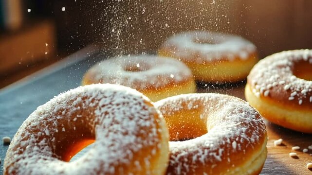 Freshly baked donuts dusted with powdered sugar, set on a wooden table with warm sunlight