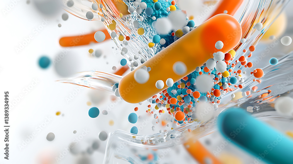 Poster dynamic molecular interaction abstract setting 3d rendering vibrant colors science concept