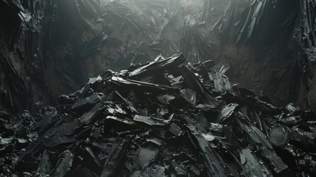 Pile of black coal arranged in an abstract pattern, creating a dark and immersive atmosphere with rich textures that evoke the underground environment.