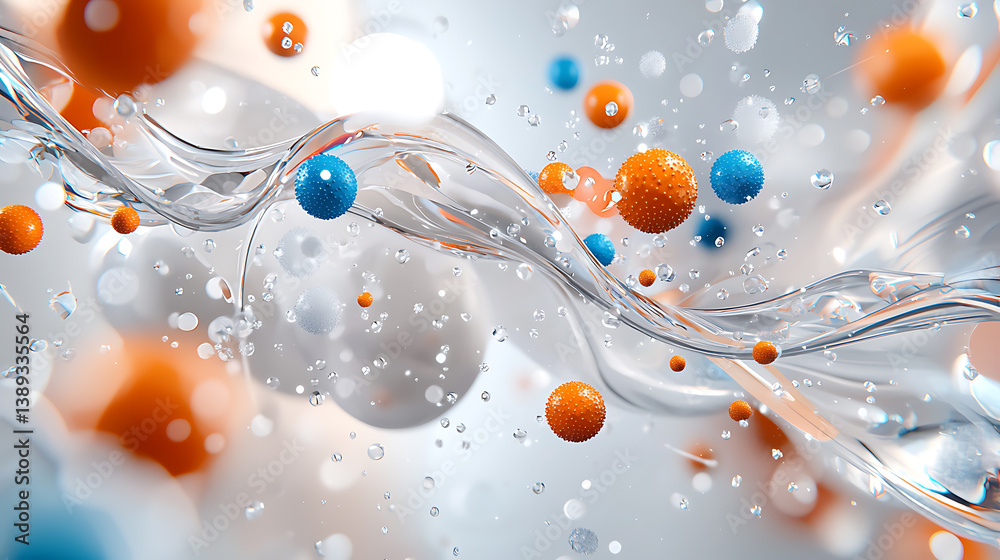 Poster dynamic water waves and colorful particles abstract art digital creation fluid environment macro per