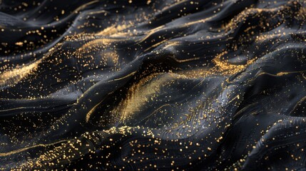 Black and gold silk background with satin texture, creating an elegant and abstract design perfect for presentations or high-end designs.