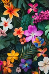 A vibrant image of various colorful tropical flowers and green leaves