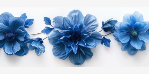 Blue flowers elegantly arranged on the left side in a minimalist flat lay composition. Ultra-realistic high-resolution photo on a clean white background.