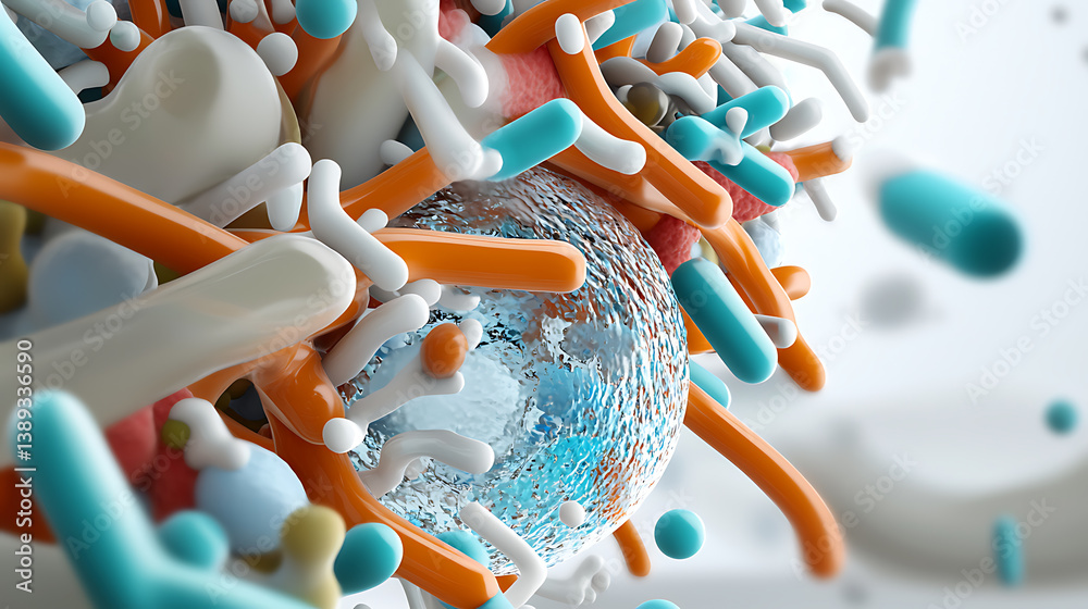 Poster microbial interaction lab environment 3d render science close-up view biological concept