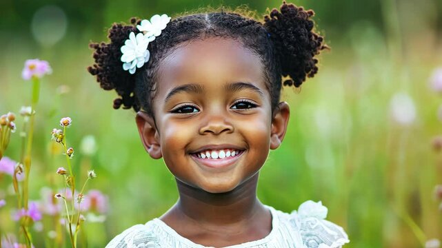 Adorable smiling girl with afro puffs and white flower clips in an idyllic field filled with pink wildflowers, portrait of child on a bright summer day.