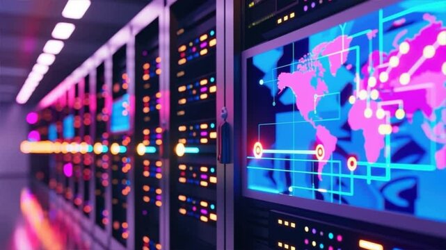 Futuristic data center with illuminated servers and digital maps, showcasing modern technology and connectivity.