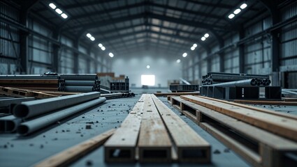 Building materials laying on floor in empty warehouse