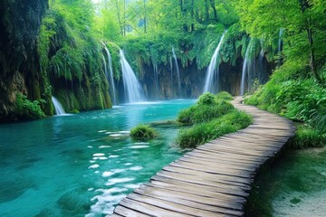 Fototapeta premium A beautiful nature scene showing waterfalls and a wooden pathway